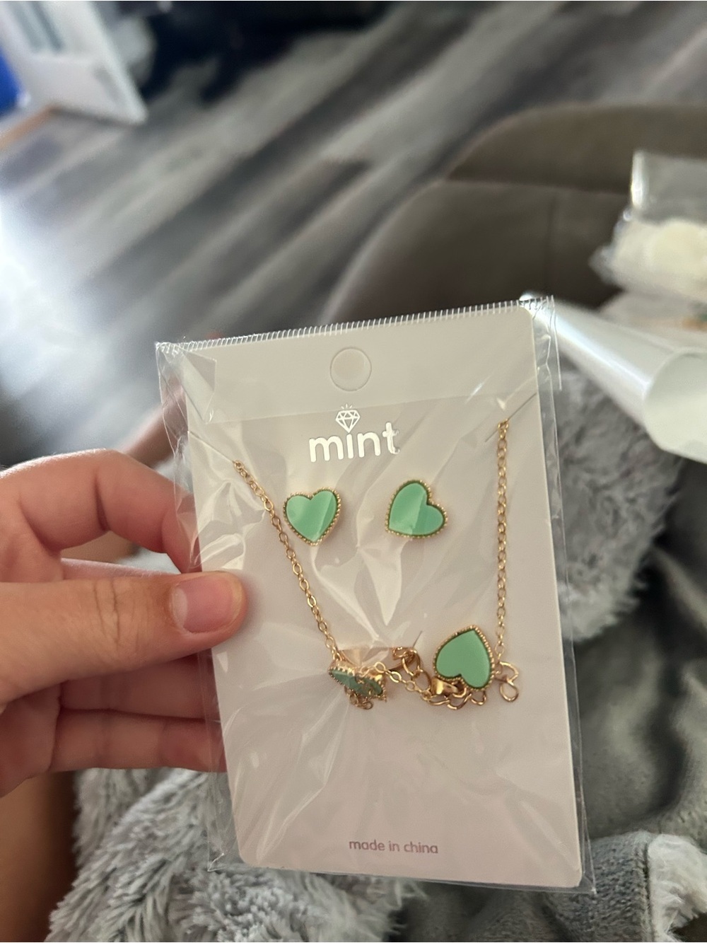 4/$50 Mint Gold-Tone Heart Necklace and Stud Earrings Set in Mint Green